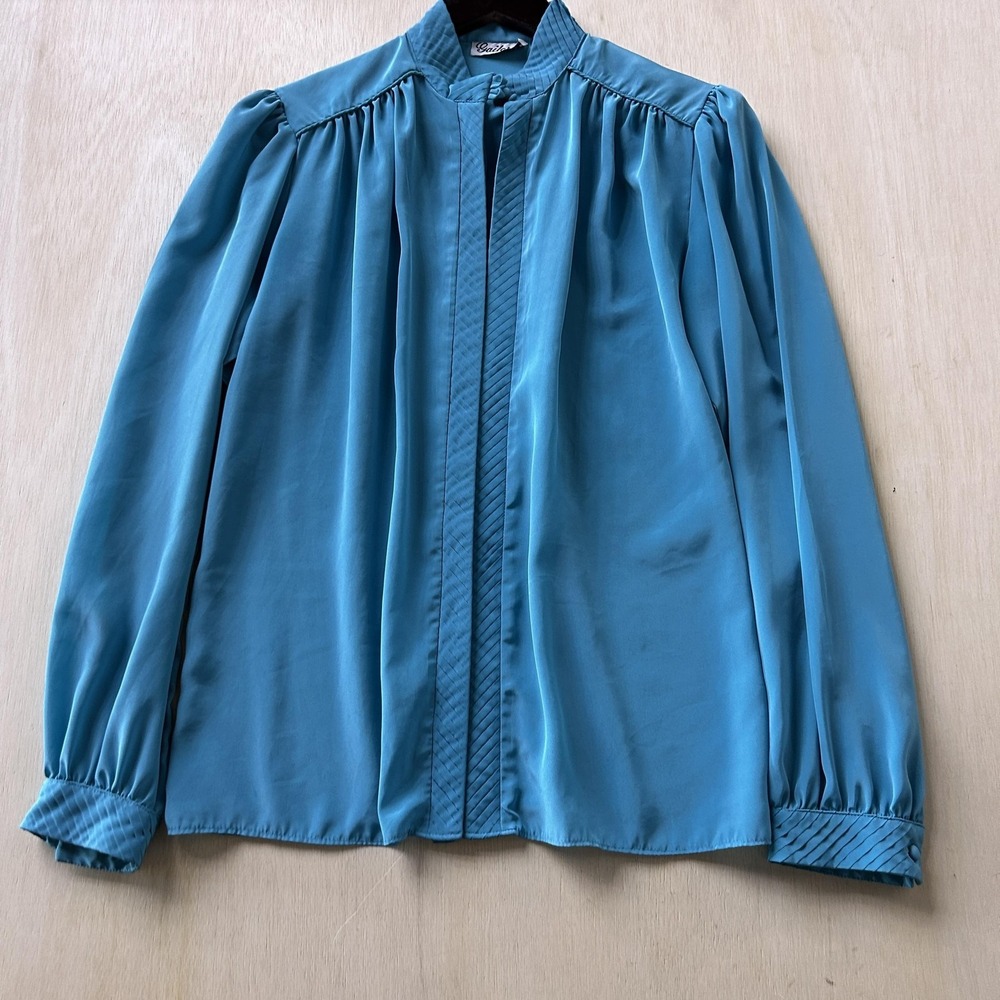 Vintage Gailord Blouse Womens M Blue Satin Mock Pleated Puff Sleeve Button Top